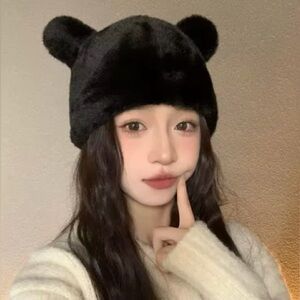 Black Faux Fur Teddy Bear Ear Beanies – High Quality Winter Hat
